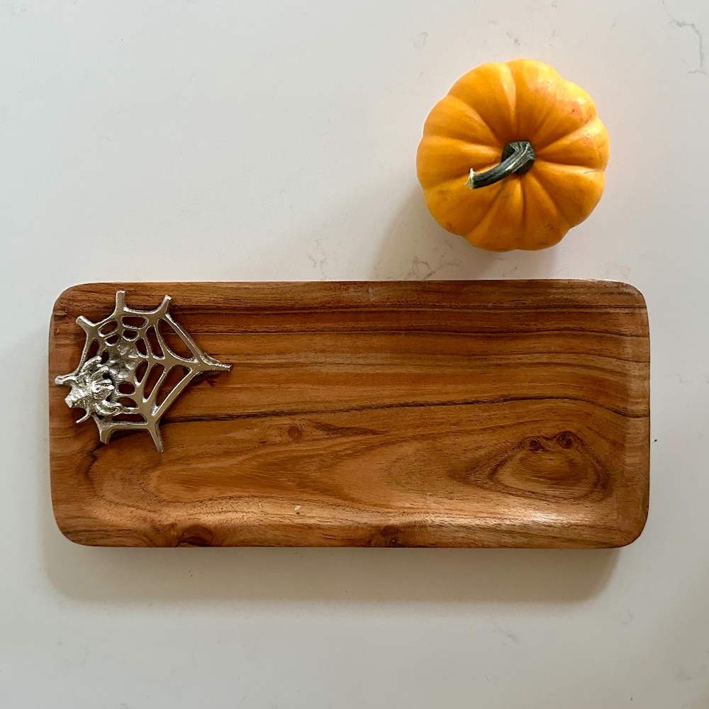 Wood Serving Tray Halloween Silver Spider Charcuterie boards, Halloween Tray